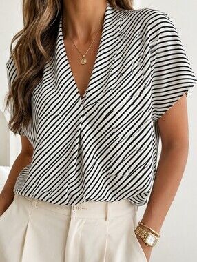 H&M Black White Stripe V-Neck Blouse XXL Minimalist Capsule Plus Size Monochrome